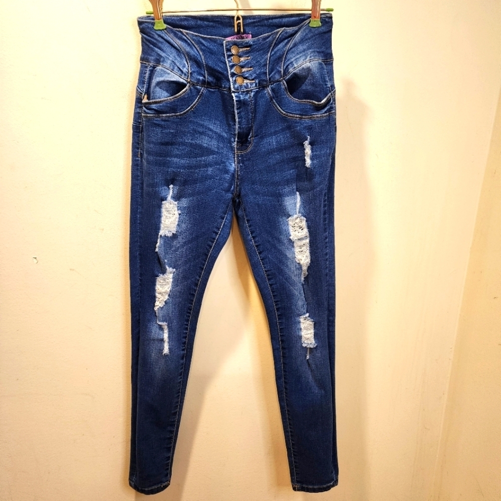 Wax Jean Trendy High Waist Distressed Stretchy Denim Pants Size 7/28